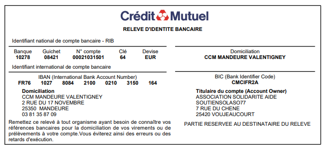 Relevé d'identité bancaire de l'association SOLASO77